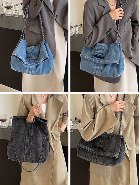 Casual Denim Bag with Metal Chain